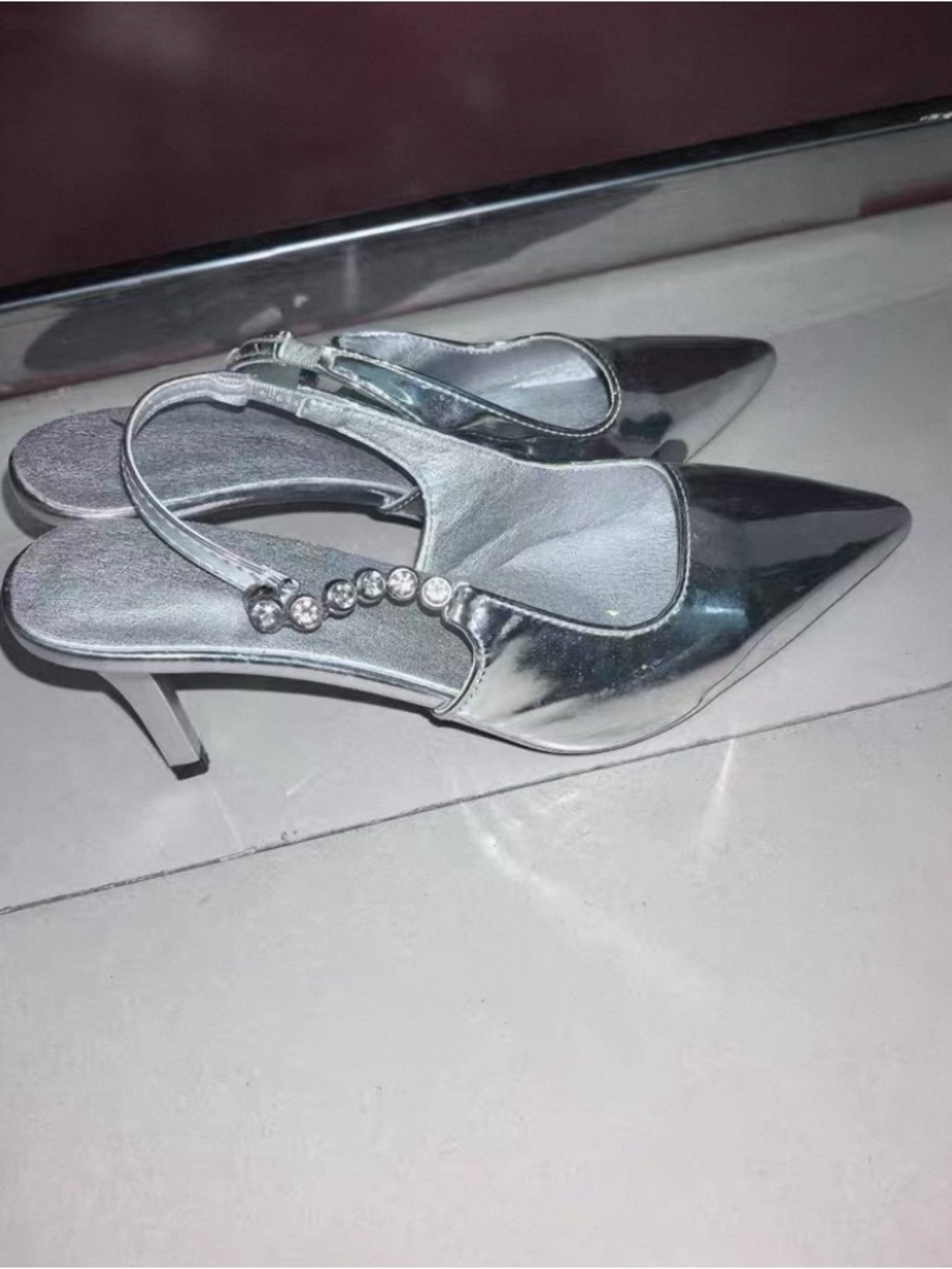 Women's Silver Pointed Slingback Heels with Rhinestone Detail